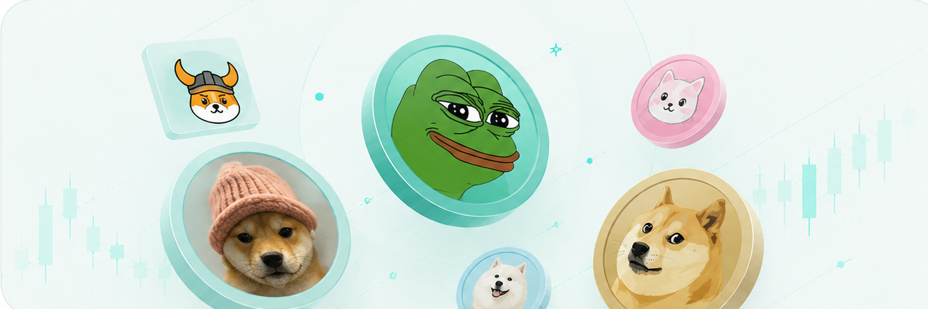 Memecoin collage with Floki, Pepe, Popcat, Dogwifhat, Bonk, and Doge